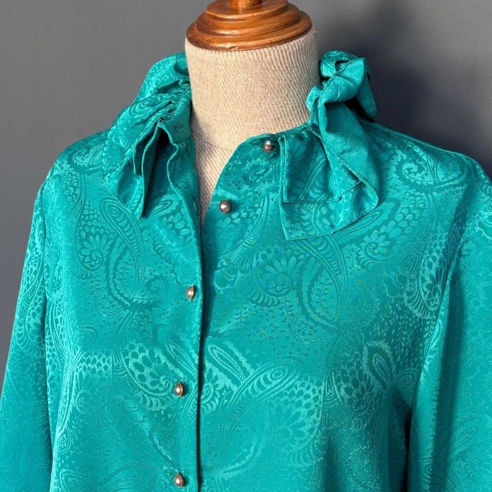 Vintage 1980s Castleberry Ruffle Bow Blouse | Size 10 | Aqua Paisley Teal